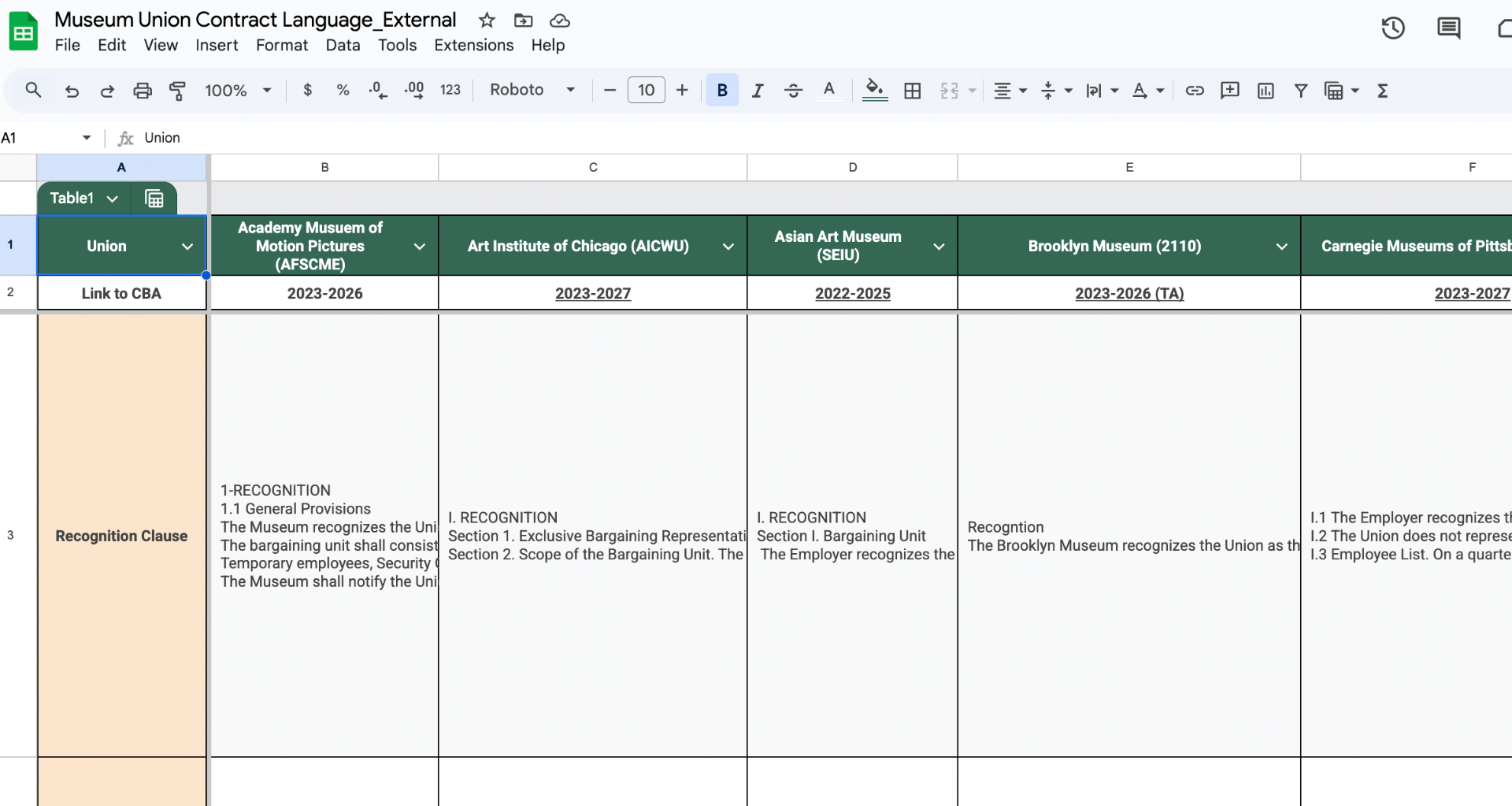 Screenshot of Contract Language Database